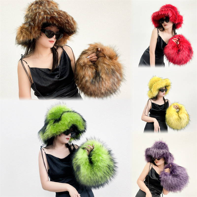 New foreign trade imitation raccoon fur basin hat warm ball bag set imitation fur fur hat bag set Shoulder Bags Winter plush CUD2410112F5