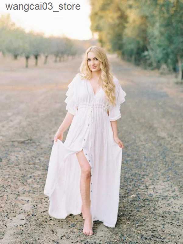 Maternity Dresses Boho Maternity Photography Props Dresses Button Decoration Pregnancy Photo Shoot Bohemian Baby Shower Long Dress Front Slit L240910