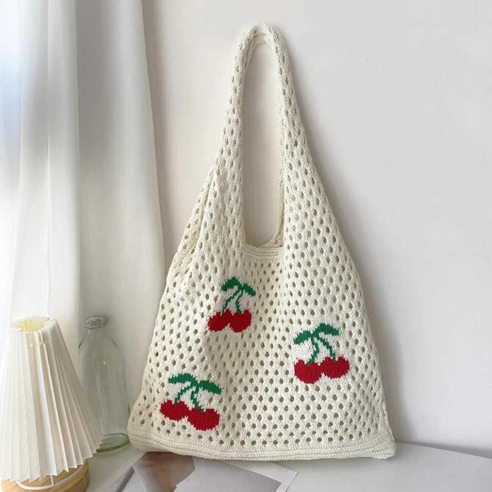 Womens Fashion Strawberry Cherry Pattern Crochet Handbag Large Capacity Shoulder Bag Casual Handbag Cute Fashion Bag Knitted Bag Y241011