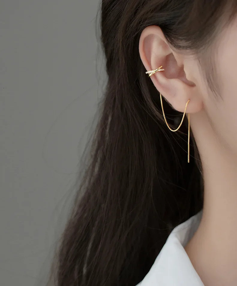 Silver Color Crystal Tassel NonPiercing Cuff Ear Clip Earring For Women Shiny Chain Cartilage Piercing Jewelry y240906