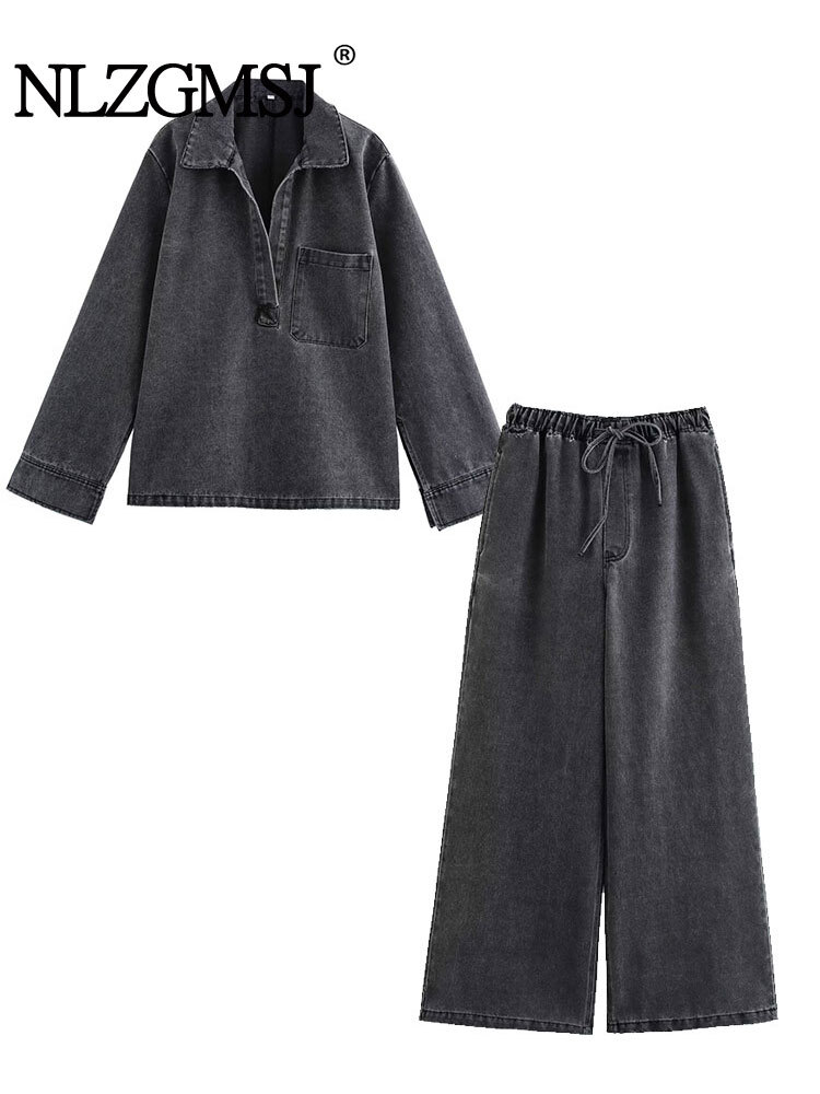 TRAF 2024 Autumn Jeans Sets Women Turn-Down Collar Casual Top Fashion High Waist Streetwear Female Denim Pant Two Piece Set