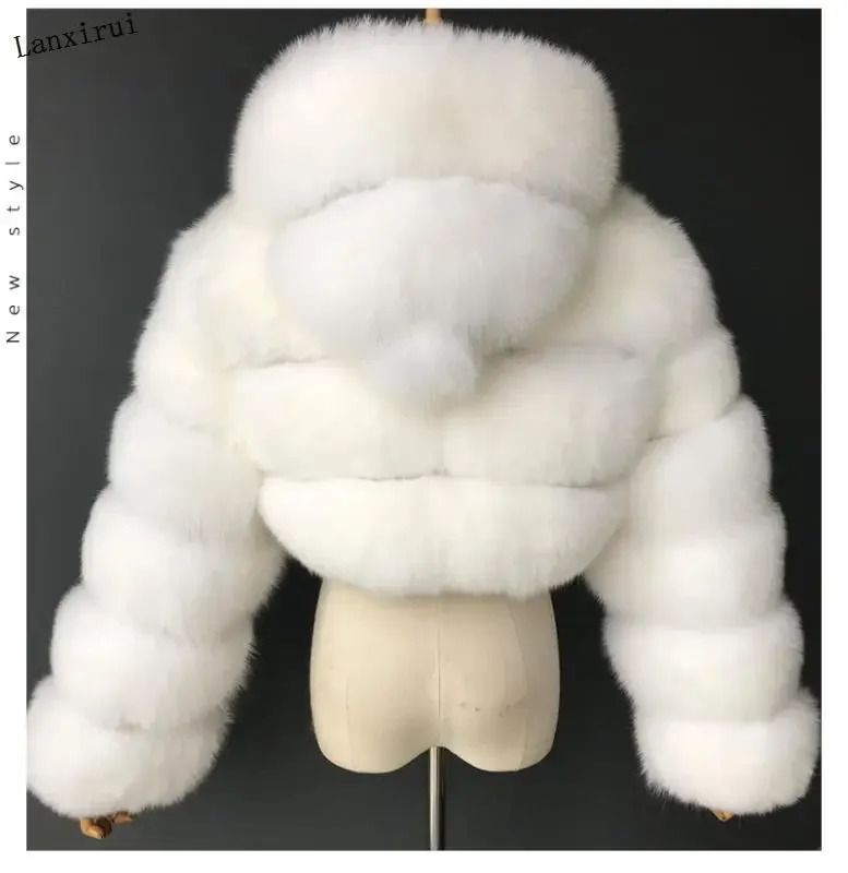 fox fur long sleeved coat short hooded synthetic spliced womens 241010