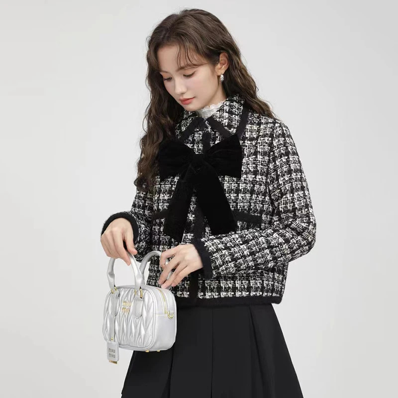 Vintage bow tweed jacket womens autumn Korean elegant single chest lapel jacket Y2K womens winter thick warm crop jacket 240930