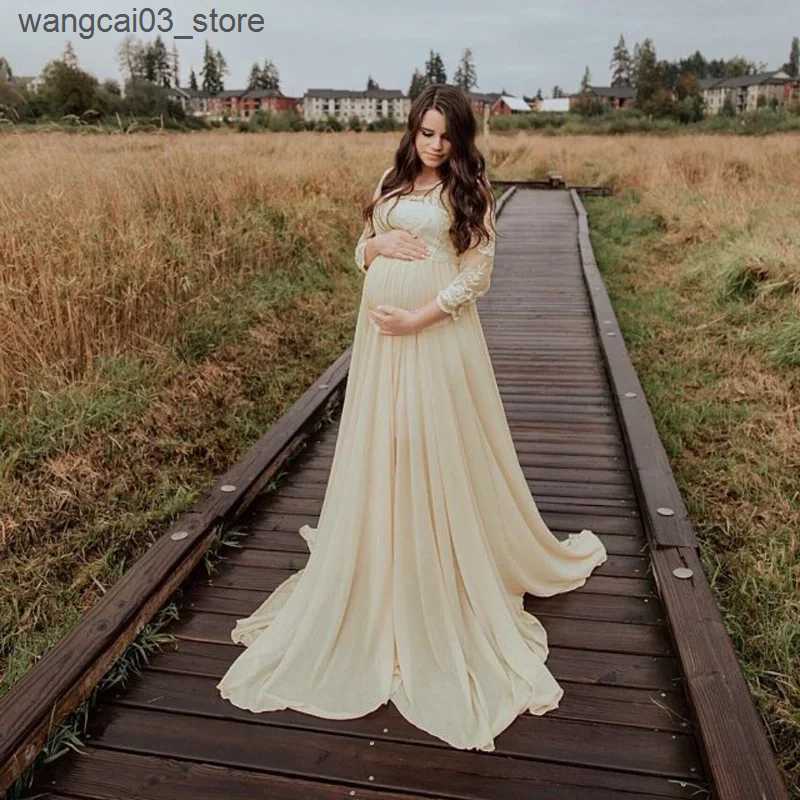 Maternity Dresses New Maternity Lace Chiffon Trailing Dress Pregnant Women Pregnancy Spring Autumn Maxi Gown Photography Prop See Through Clothing L24