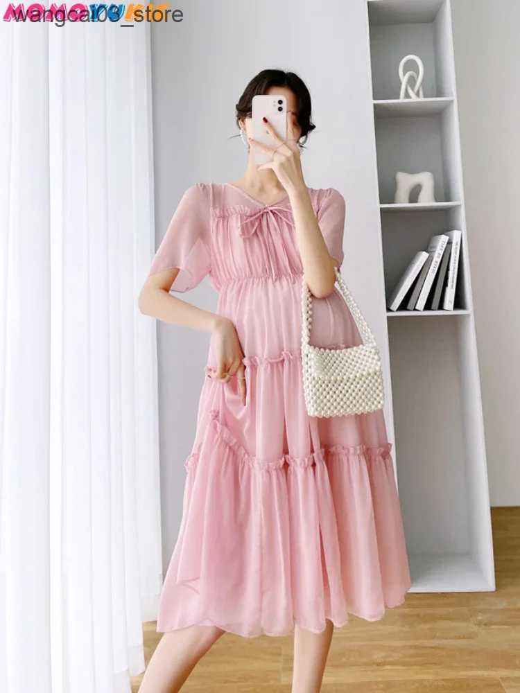 Maternity Dresses 2022 New Fresh Fairy Maternity Solid Chiffon Cake Dress For Summer Pregnancy Clothes V-Neck Knee-Length Pregnant Vestidos L240910