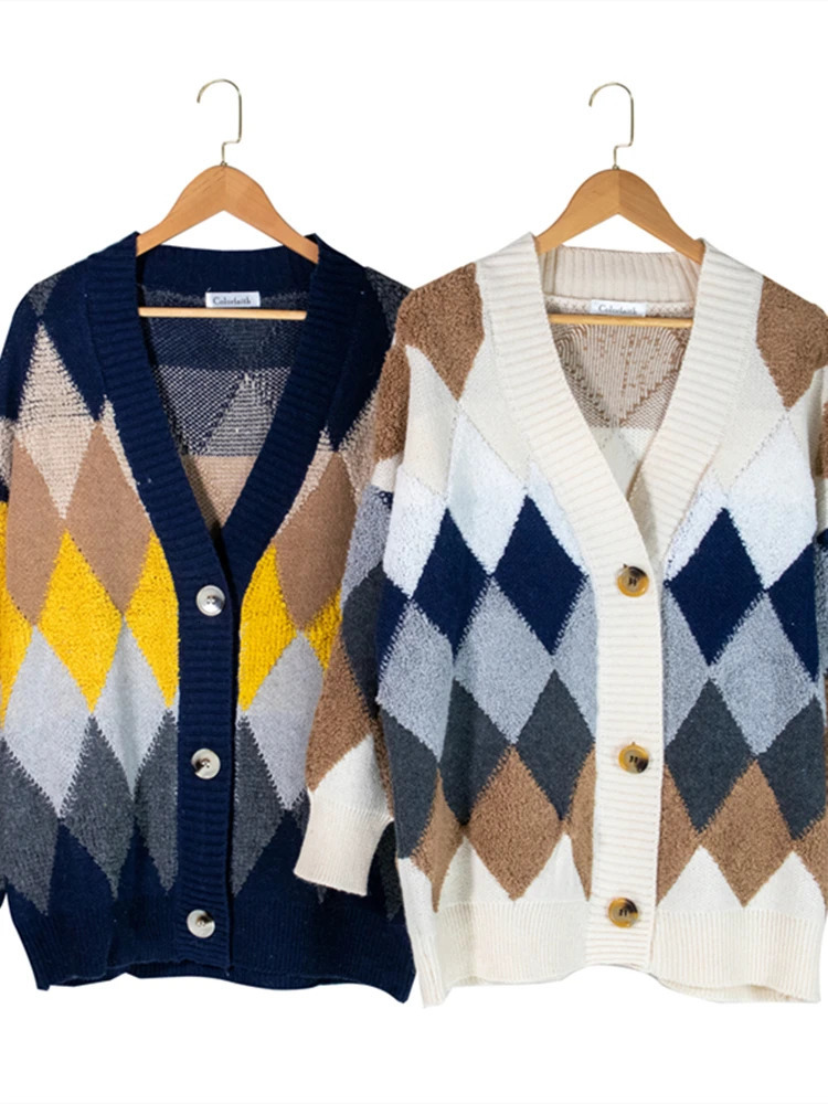 Colorfaith Plaid Chic Cardigans Button Puff Sleeve Checkered Oversized Womens Sweaters Winter Spring Sweater Tops SW658 241007