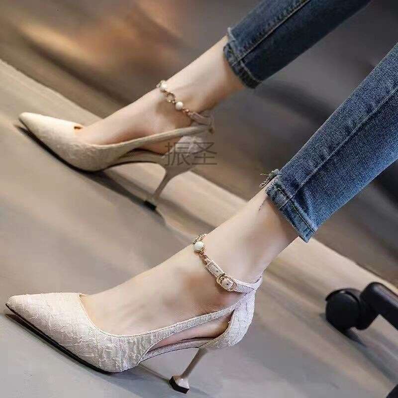 Women high heel shoes dress shoes women leather two colours cusp 5-8cm heels beautiful elegant casual shoes pearl chain trim