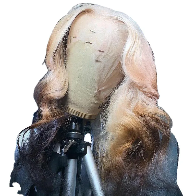 24-26 inch European and American women's lace front wig Simulation human hair blonde gradient brown long curly hair medium split chemical fiber h