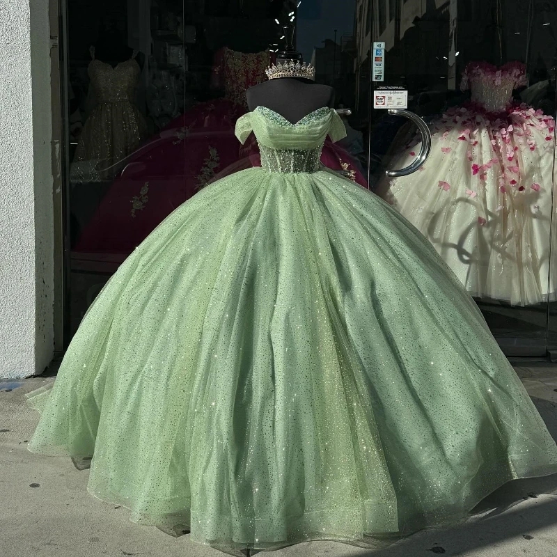 Sage Green Shiny Sweetheart Quinceanera Dresses Off The Shoulder Puffy Party Dress Crystal Beading Ball Gown Vestido De XV 15 Anos Sweet 16 Dress