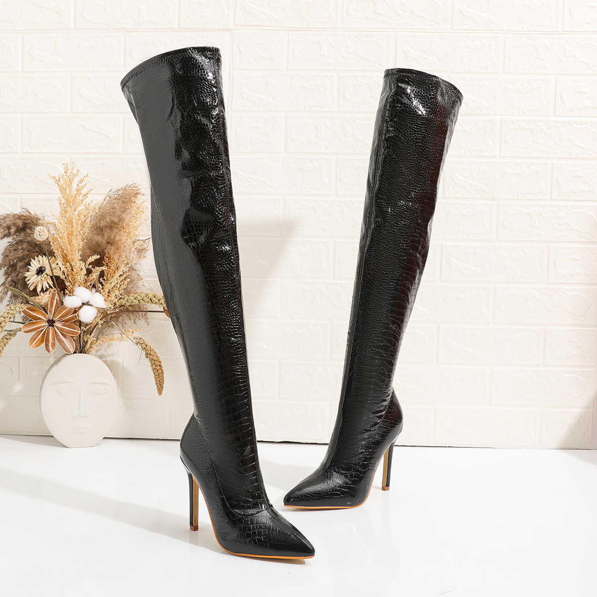 Thigh High Heel Fashion Boots Long Winter Ankle Boots Womens Black Fashion Boots Crocodile Pattern Knee Boots Women Shoes 240826