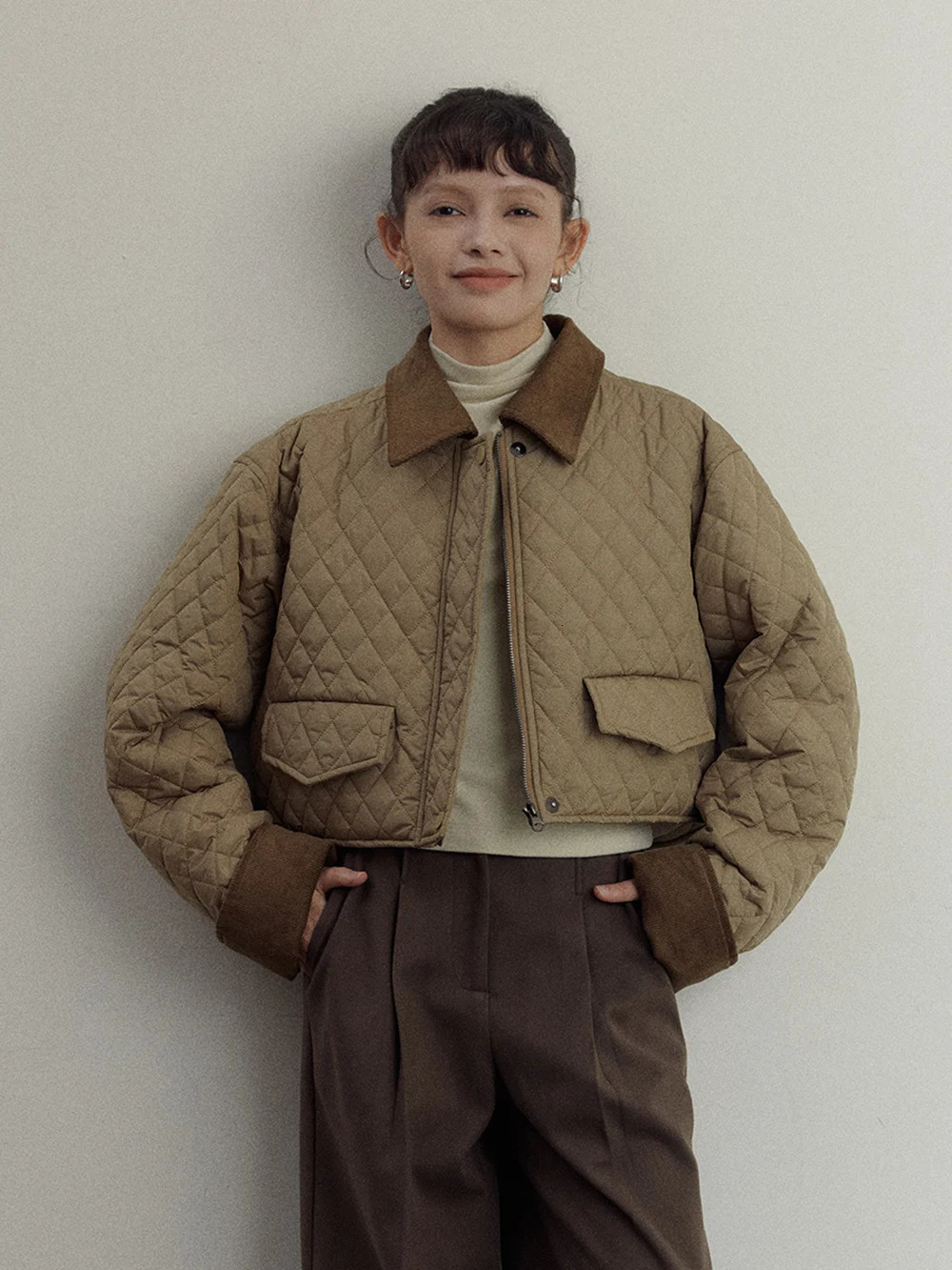 Women Lapel Short Cotton Jacket Corduroy Collar Contrast Color Plaid Quilted Lady LongSleeve SingleBreasted Autumn 240930