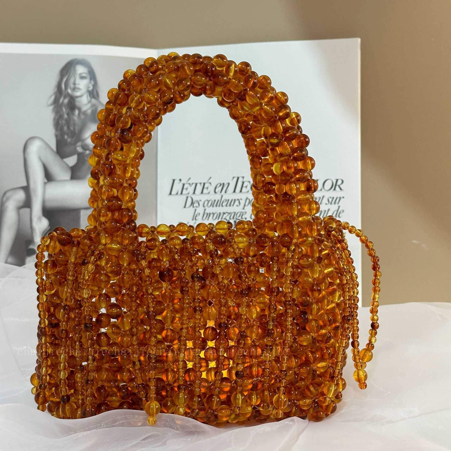 tone Amber Acrylic Cat Eye Bead Tassel Handmade Beaded Woven Bag Handbag 241015