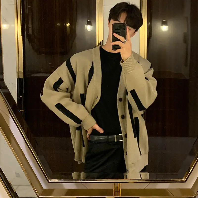 Mens outerwear black jacket cardigan mens knitted sweater V-neck order T-shirt trend Y2k retro Korean style fun 241007