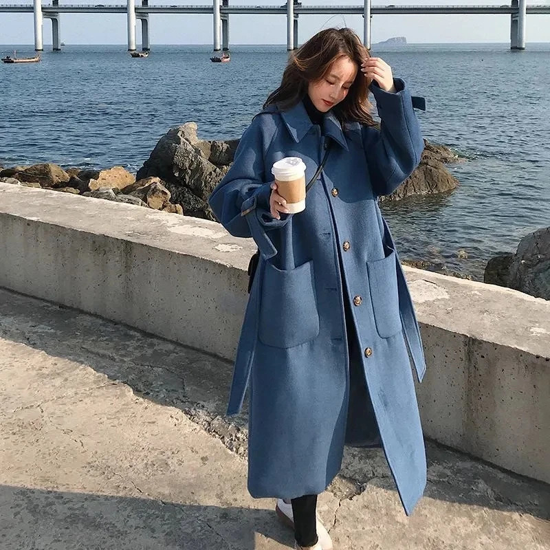 Womens Wool Blend Coat Winter Warm Cotton Thicken Overcoat Female Casual Loose Woolen Outwear Temperament Wind Long Jacket 241008