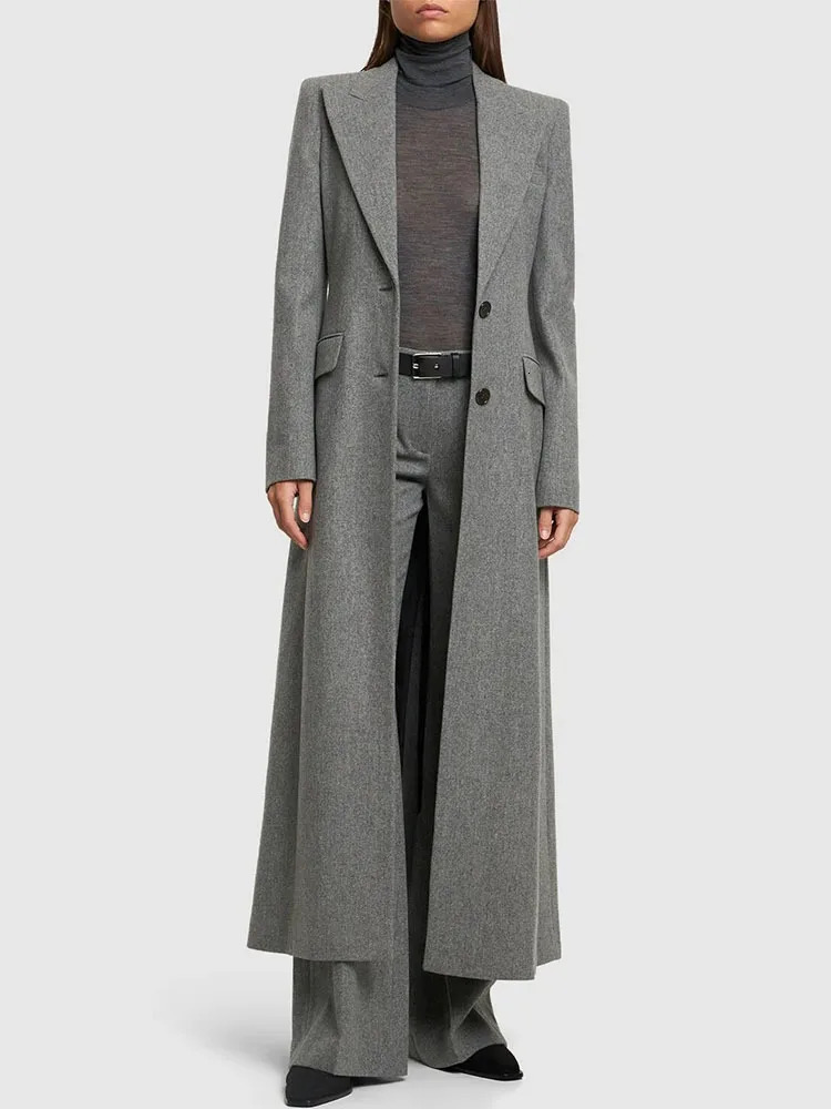 LGRQ Womens Long Wool Coat with Open Collar and Single Chest A-line Ruffle Elegant Coat Autumn Trendy Clothing 241011