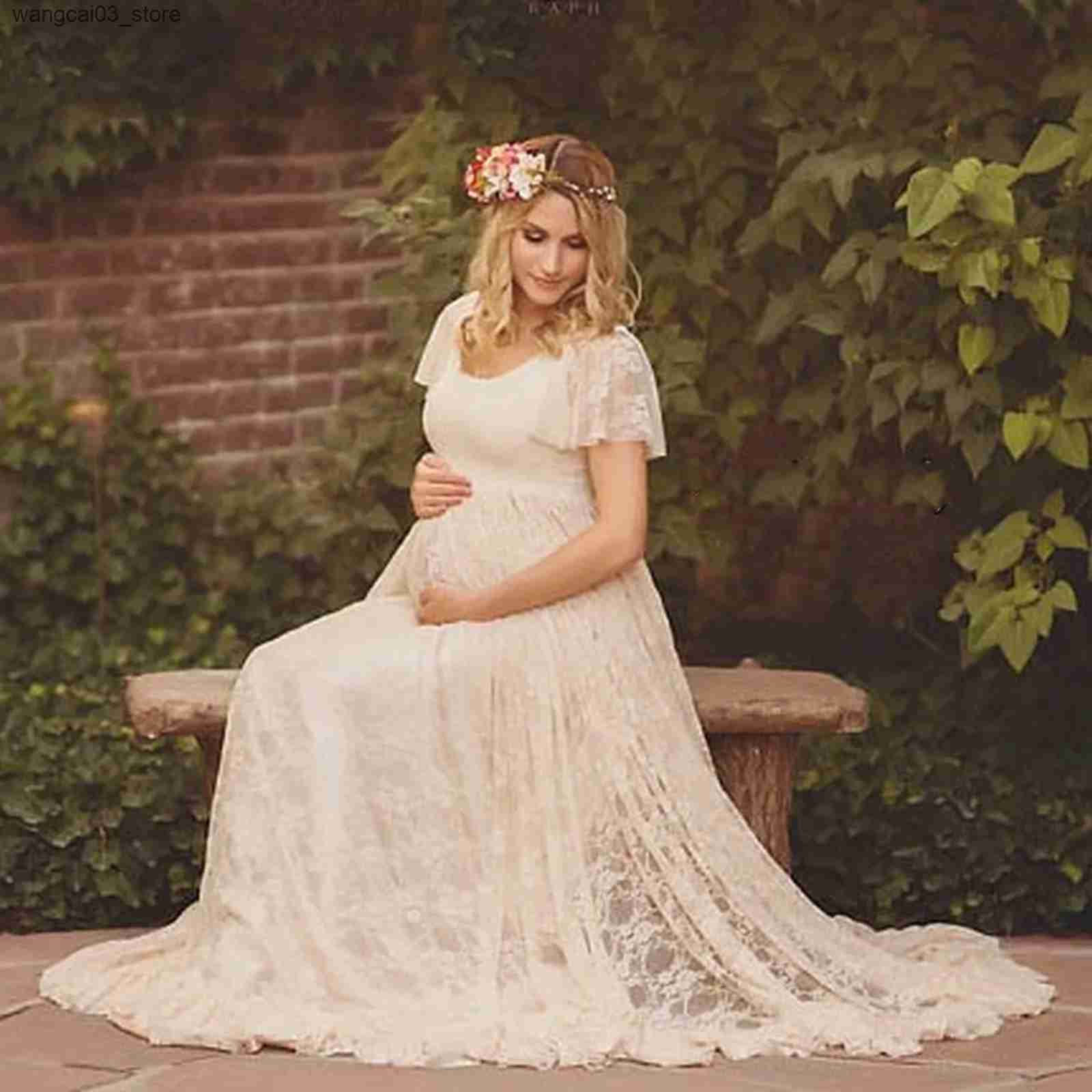 Maternity Dresses Maternity Lace Dress Womens Pregnancy Ruffles Short Sleeved Long Dress Elegant Photography Solid Color Dress PhotoShoot Dress L24091