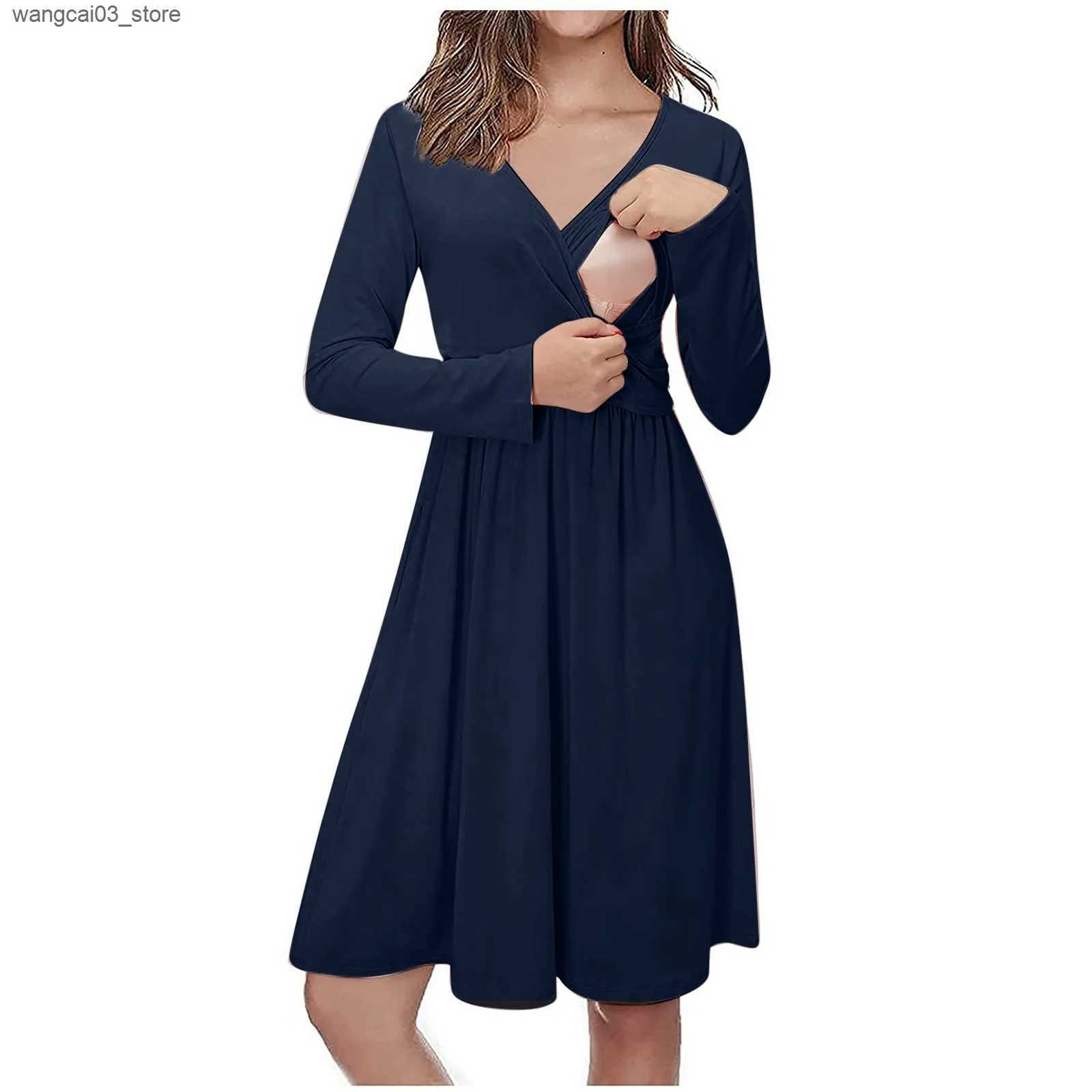 Maternity Dresses Pregnant Breastfeeding Dress With ket Casual Solid Color V-Neck Long Sleeve For Breastfeeding Dress Pregnancy Dress Vestidos L240910