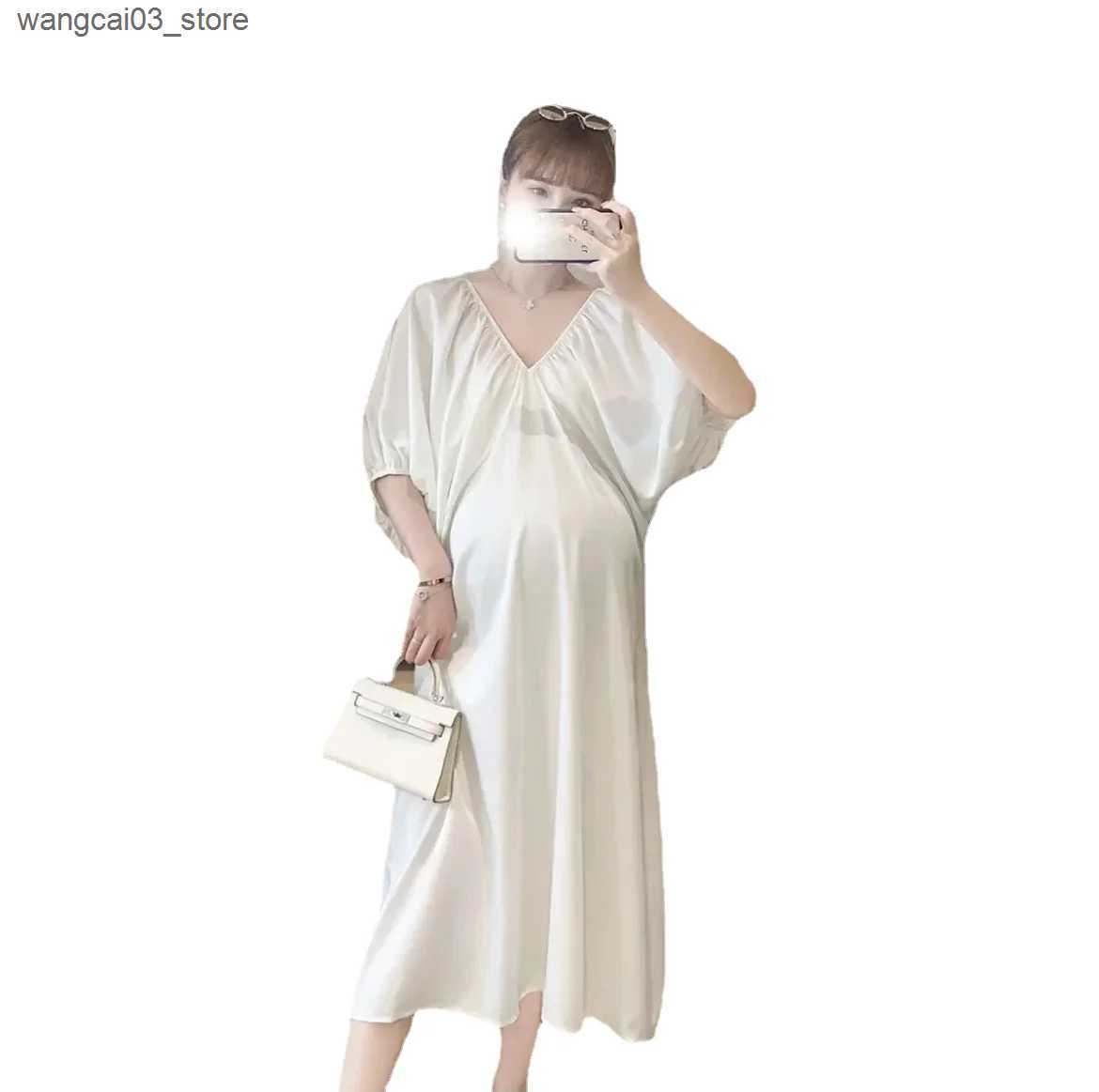 Maternity Dresses Japanese Style Maternity Chiffon Dress Puff Sleeve V-neck Plus Size Pregnant Woman Summer Clothes Pregnancy Long Loose Dresses L2409