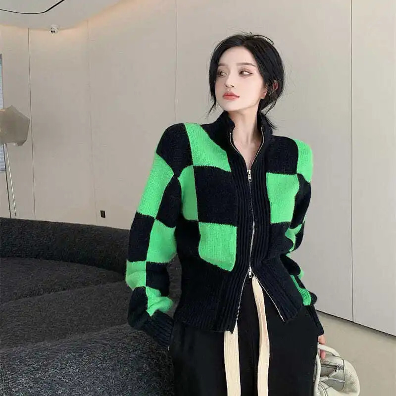 Korobov Korean Elegant Women Turtleneck Crop Cardigans Japanese Hit Color Plaid Harajuku Cardigan Vintage Zipper Sweaters 241007