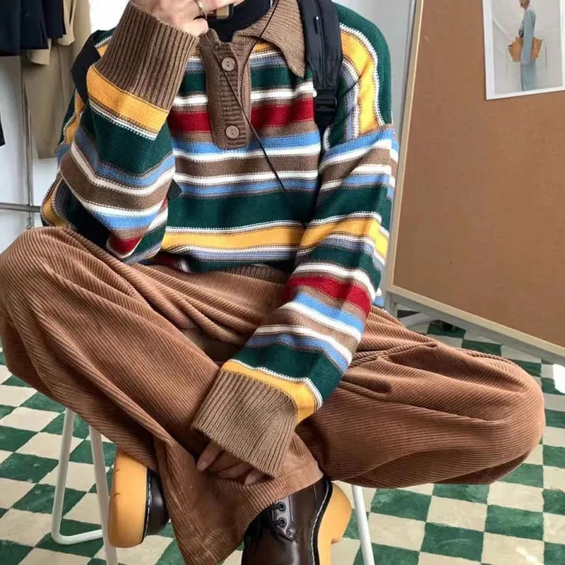 Mens Retro Street Dress Christmas Top Striped Gothic Harajuku Plus Size Korean Knitted Casual Sweater 241009
