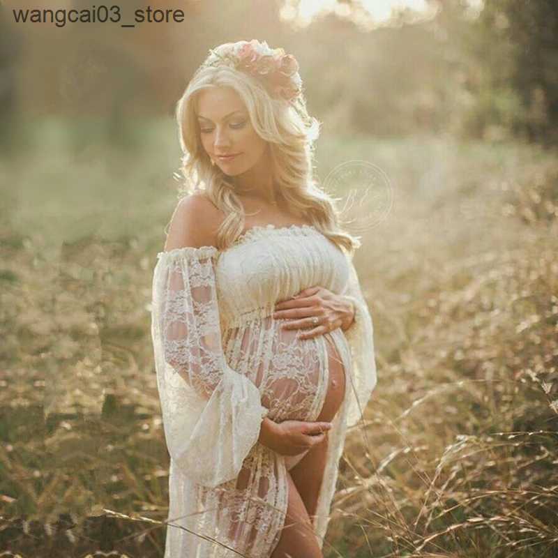 Maternity Dresses Maternity Photography Maxi Dresses Off Shoulder Mesh Lace Maternity Photoshoot Gown With Long Bell Sleeves Pregnancy Shooting L24091