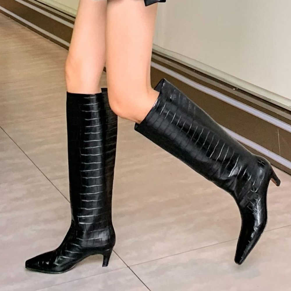 Crocodile Pattern Knight Martin Boots Women Boots Leather Thick High Heel Straight Leg Boots Long Leg Boots Knee Length Boots Boots 240826