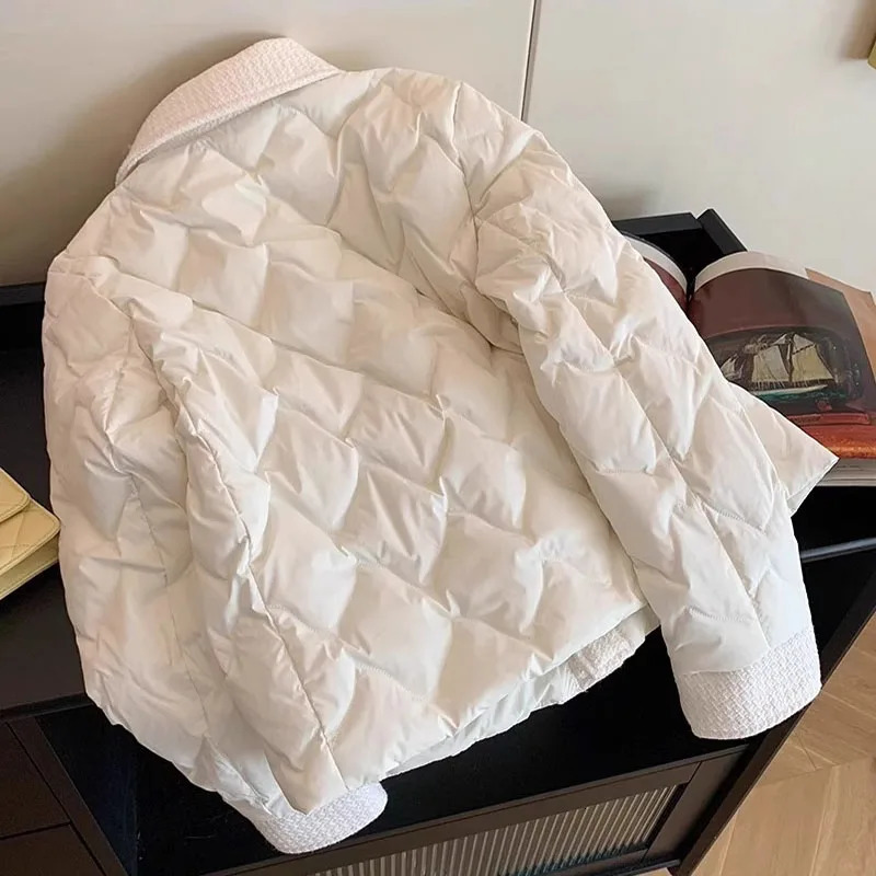 2024 Autumn Winter Parkas Coat Womens Cotton Jacket Short Vintage Rhombic Elegant Warm Longsleeved Female Clothing 240930