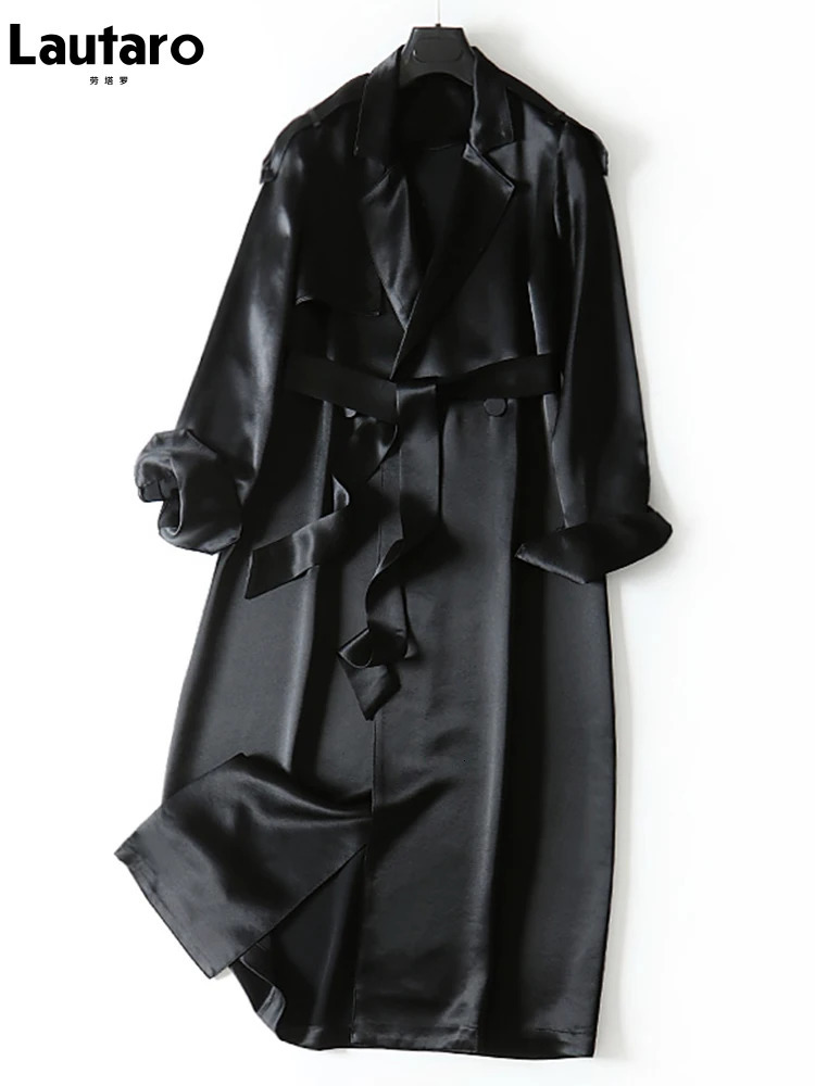Lautaro Spring Autumn Long Soft Elegant Flowy Satin Acetate Trench Coat for Women High Quality Chic British Fashion 241008