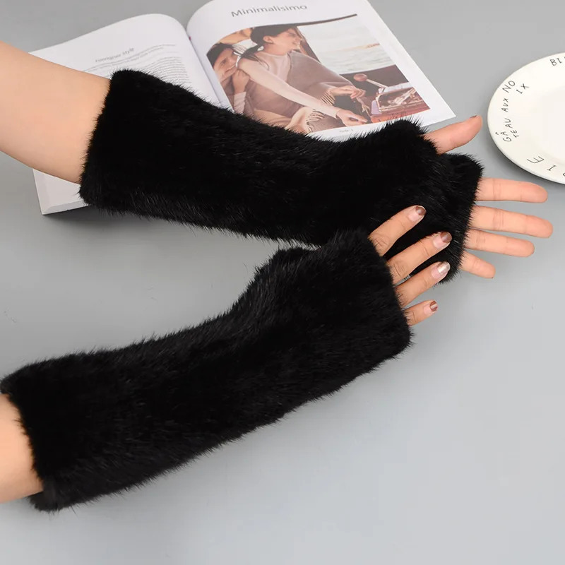 Women 100% Real Genuine Knitted Mink Fur Mittens Winter Warm Lady Real Fur Fingerless Gloves Handmade Knit Mink Fur Mitten 241009