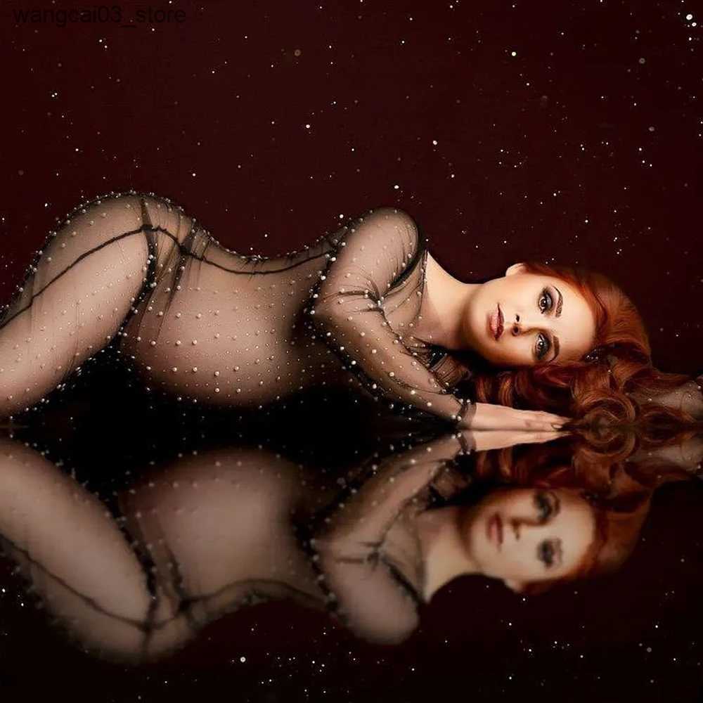 Maternity Dresses Maternity Photography Props Dress Transparent Tulle Pearl Pregnancy Dress Sexy Clothes For Pregnant Women L240910 L240910