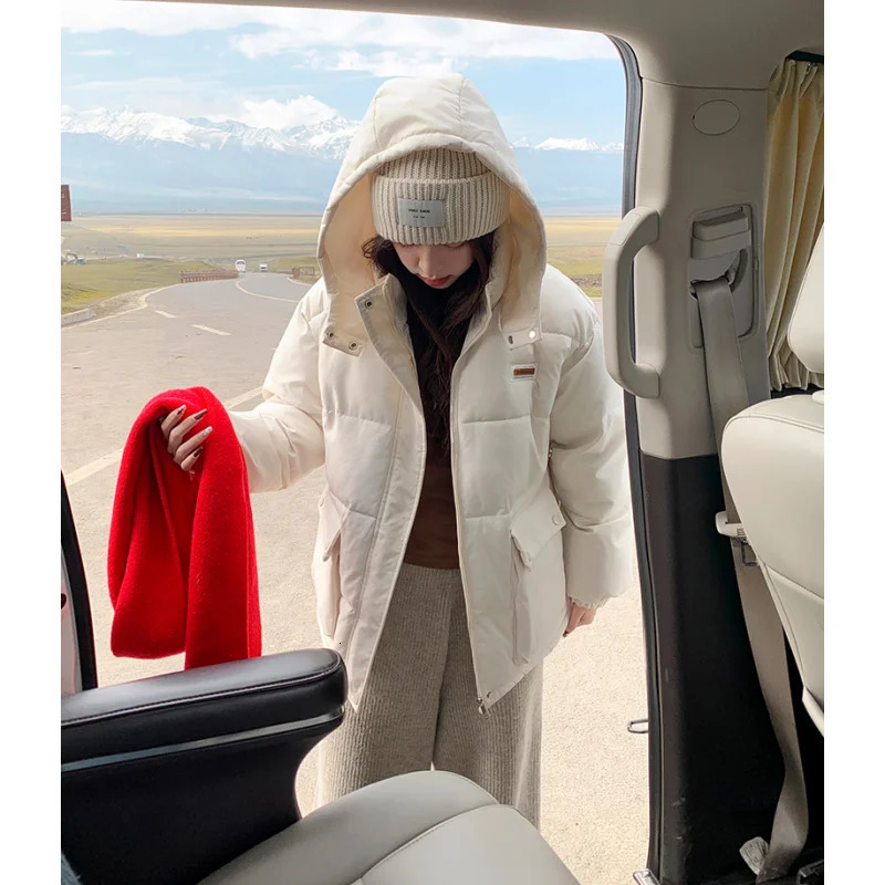 Black down jacket womens coat white hooded fashion American streetwear Y2K style duck down jacket womens winter short jacket 241009