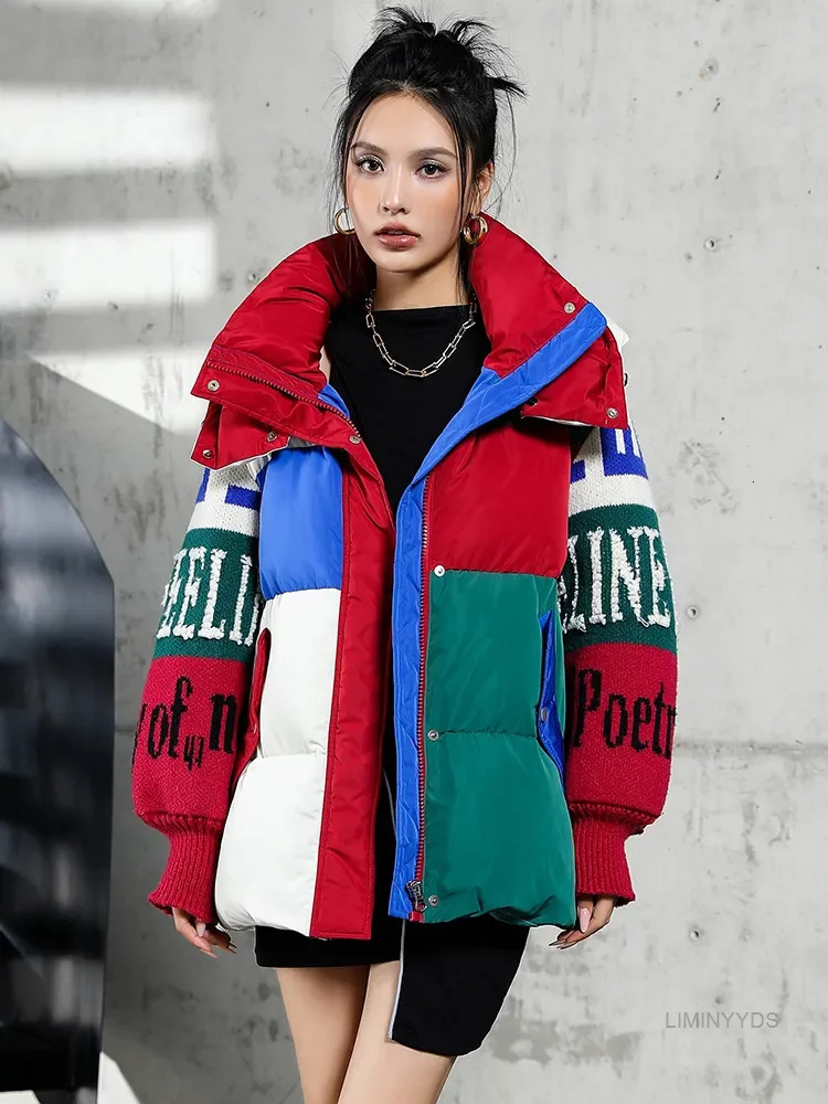Fashion Street Clothing Letter Splicing Inflatable Jacket Womens Loose Park Winter Thick 90% Duck Down Coat 241010