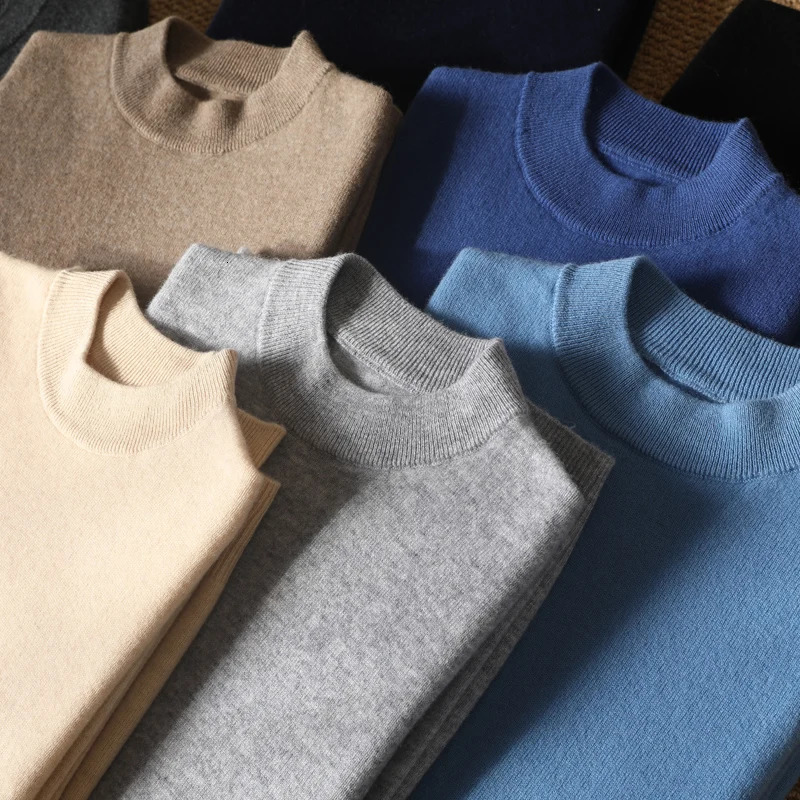 DjzDsm Mens Half High Collar 100% Pure Wool Sweater Mens Casual Outdoor Jacket Loose Large Size Knitted Pullovers Tops 241007