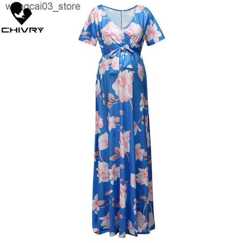 Maternity Dresses Chivry Maternity Dress Women Floral Print Short Sleeve V-neck Maxi Long Dress Pregnant Casual Clothes Summer Maternity Dress L240910