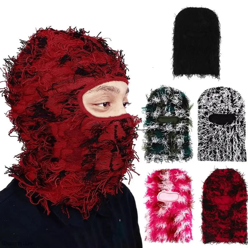 Hip Hop Balaclava Distressed Knitted Hat Full Face Ski Mask Mens Outdoor Camouflage Wool Beanies 241009