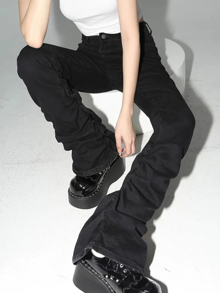 REDDACHiC Black Ruched Flare Jean Solid Stretch Bootcut Stacked Pants High Rise Trousers Harajuku Goth Grunge Y2k Clothes 241009