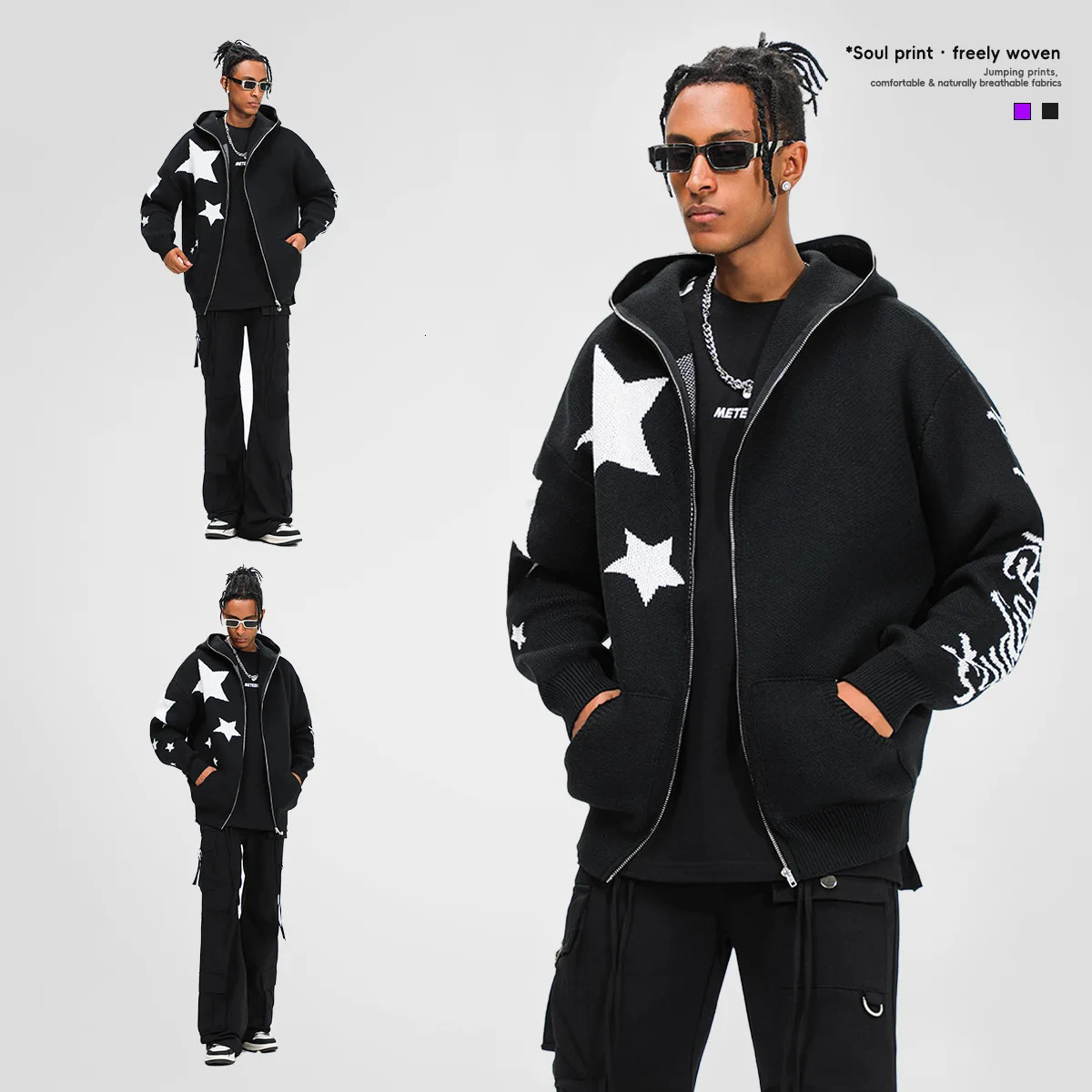HOUZHOU Y2K celebrity hooded cardigan knitted sweater mens autumn streetwear hip-hop long sleeved jump jacket zipper jacket mens 241007