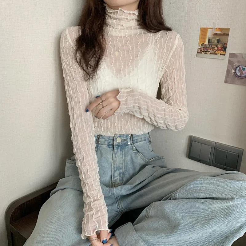 Women Lace Mesh High Collar Bottom Tshirts Female Long Sleeve Autumn Casual Style Tight Thin Tops Clothes 241011