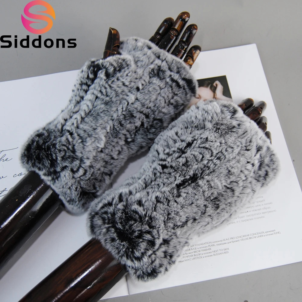 Lady Real Fur Fingerless Gloves Handmade Knit Fur Mitten Winter Warm Women 100% Real Genuine Knitted Rex Rabbit Fur Mittens 240930