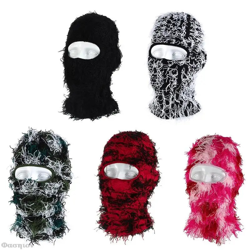 Hip Hop Balaclava Distressed Knitted Hat Full Face Ski Mask Mens Outdoor Camouflage Wool Beanies 241009