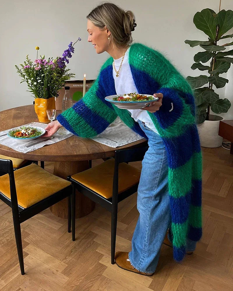 Fashion Stripe Long Cardigan Sweater Women Lantern Sleeve Loose Oversize Knitted Coat Autumn Lady Chic Streetwear Overcoat 241007