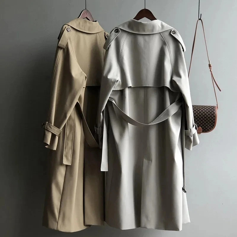 Classic long trench coat womens spring chic khaki double chest with badina jacket Korean casual windproof machine Abrigos Casacos 240927
