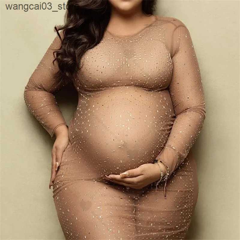 Maternity Dresses Mesh Maternity Photography Gown Sparkling Rhinestone Elastic Sexy Dress Transparent Pregnant Women Dress For Photo Shoot L240910