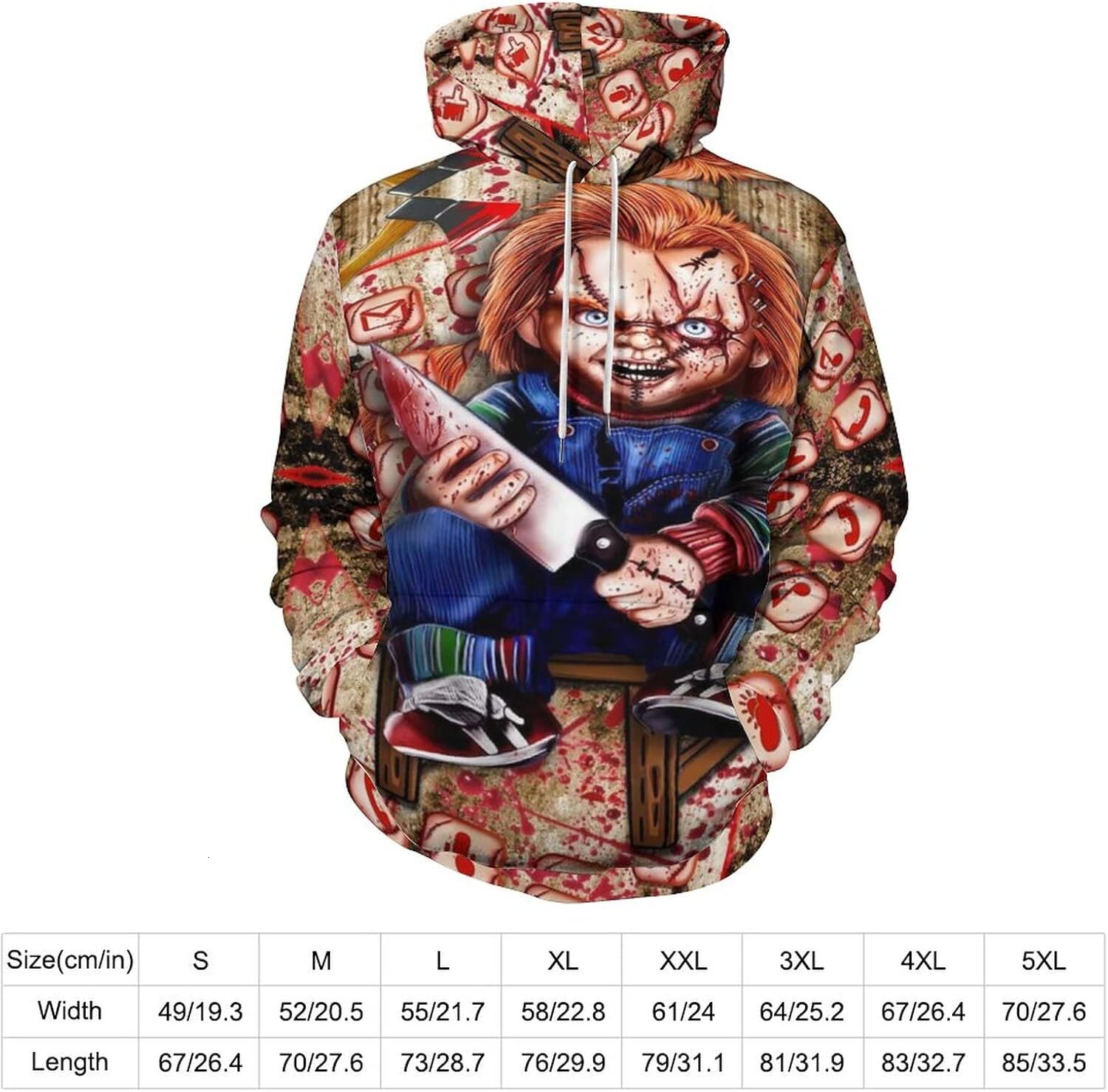Hoodie for Mens Womens Mens Long Sleeve Chucky 3D Horror Print Hoodie Spring And Autumn Blouse Graphic Hoodies sweatshirt Pullover Long Sleeve