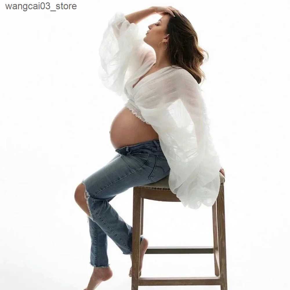 Maternity Dresses Maternity Photography Dress Chiffon Summer Photo Shooting Pleated Top Flare Sleeve See Through Pregnancy Outfit Women Clothing L2409
