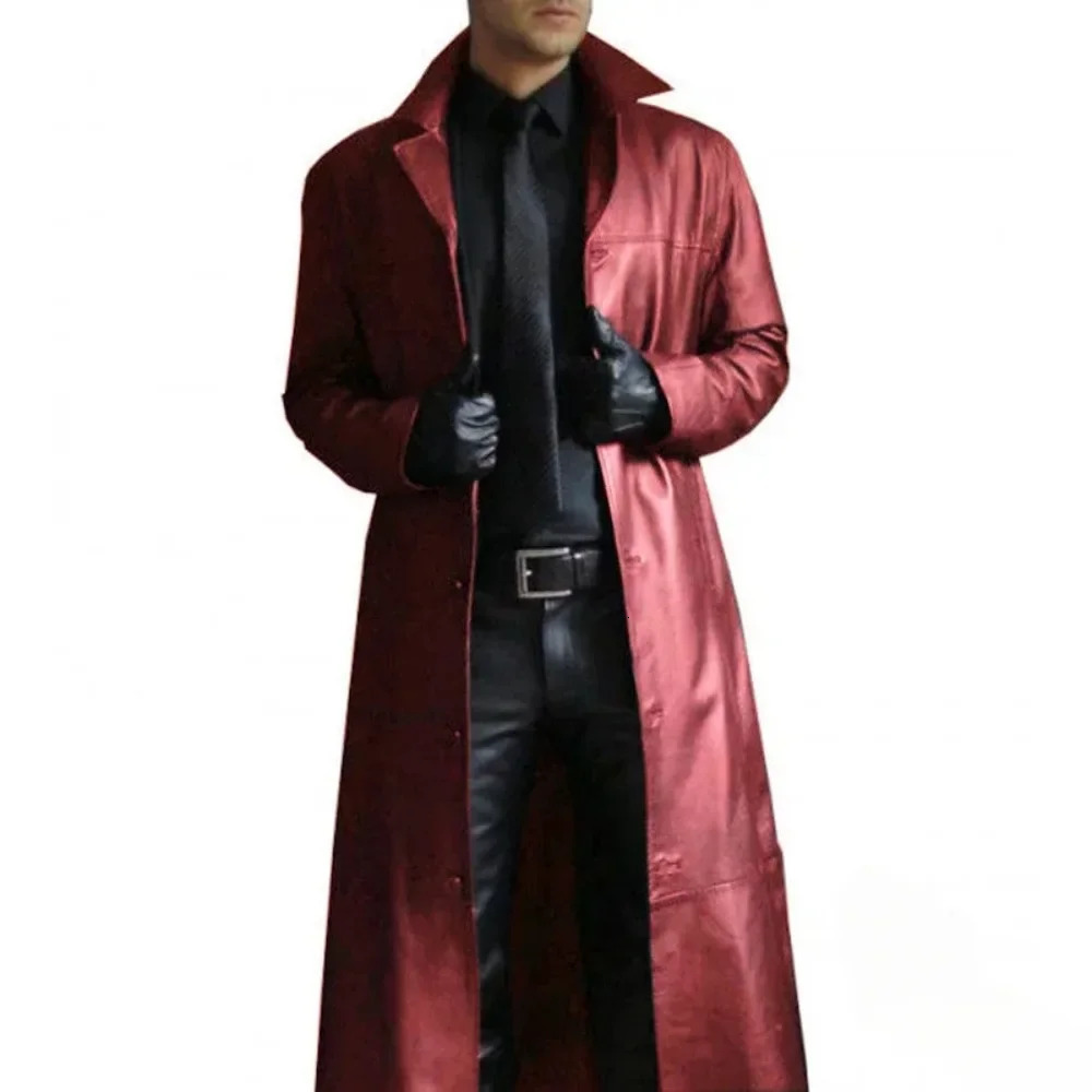 Men Jacket Clothing Polo Collar Solid Color Trench Style Slim Fitting Leather Long for 240930