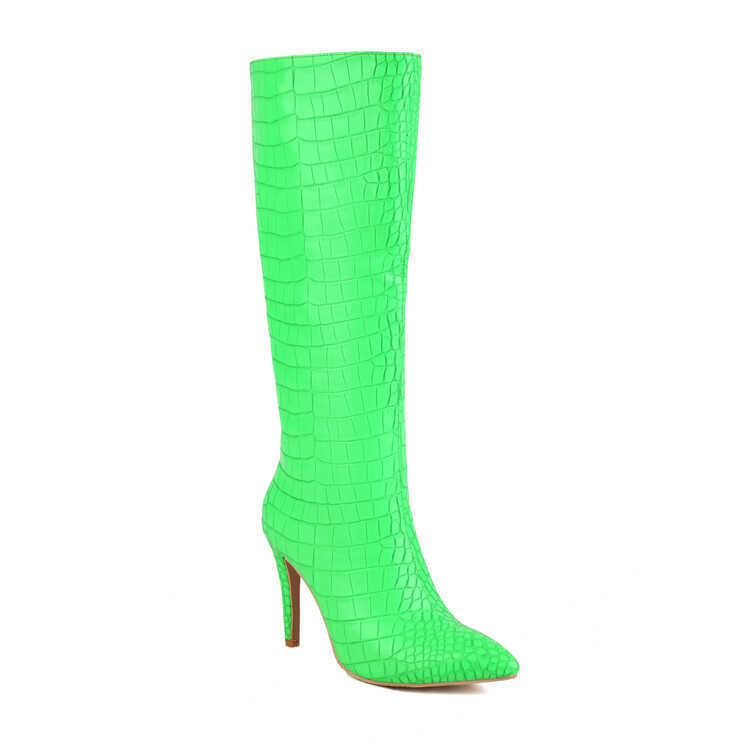 Winter Pointed Fashion Boots Thin Heel High Heel Boot Crocodile Sleeve Large Knee High Boots Leather Women Woman Shoes 240826