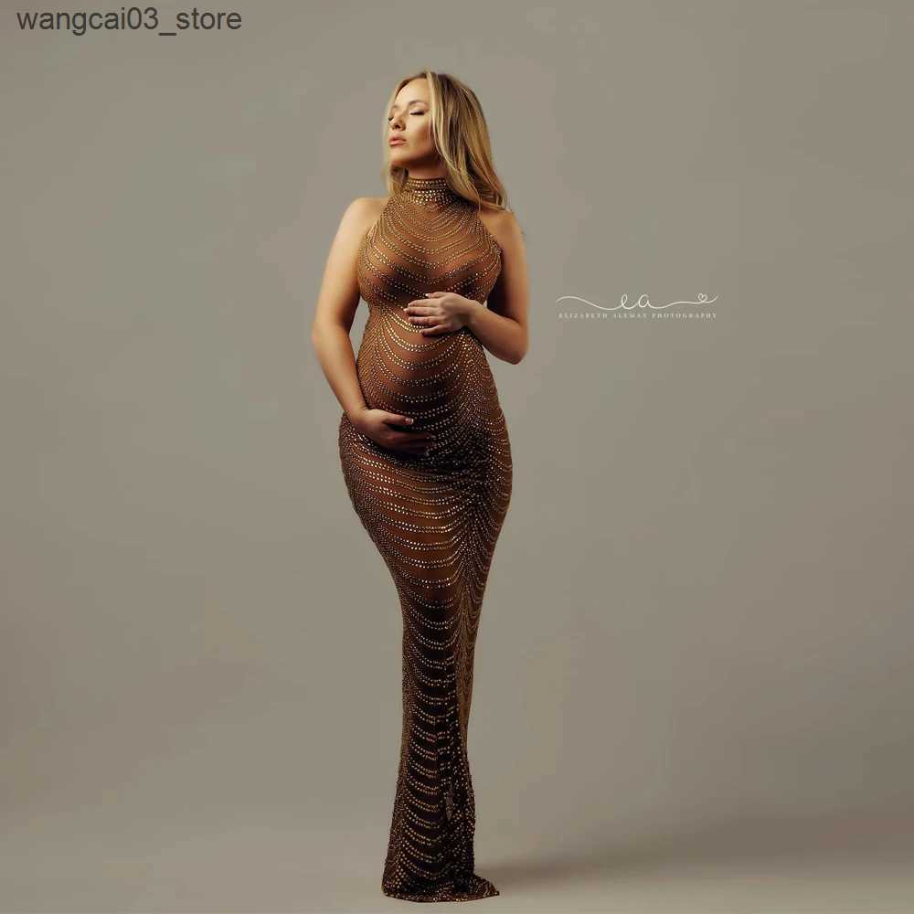 Maternity Dresses Halter Rhinestone Maternity Photography Dresses Crystal Stretchy Skinny Sleeveless Maternity Photo Shoot Long Dress L240910 L0910