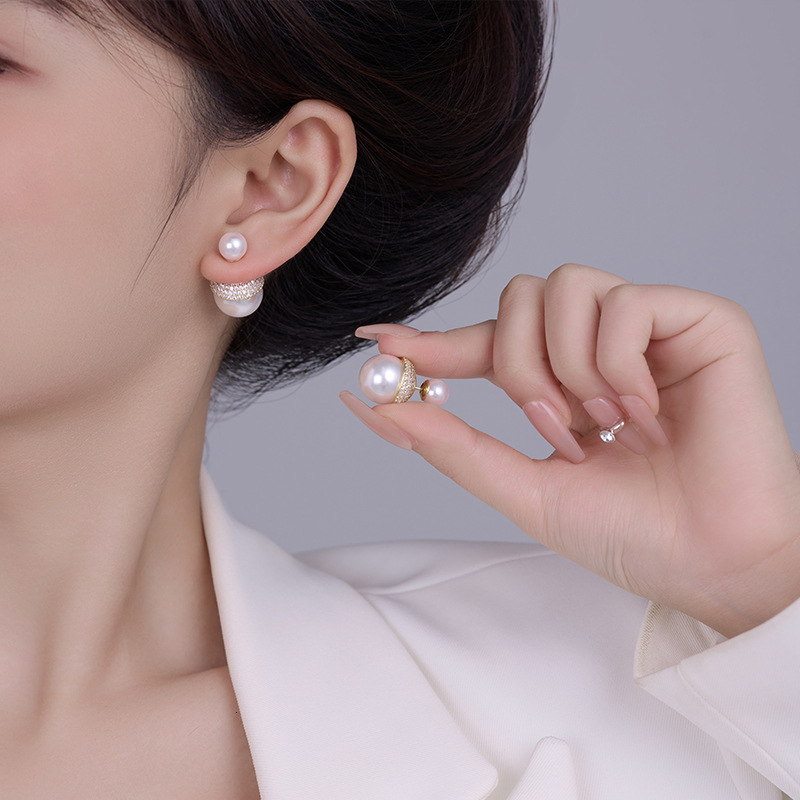 micro inlaid zircon with pearl in front back, light temperament, high-end earrings, simple and versatile earrings
