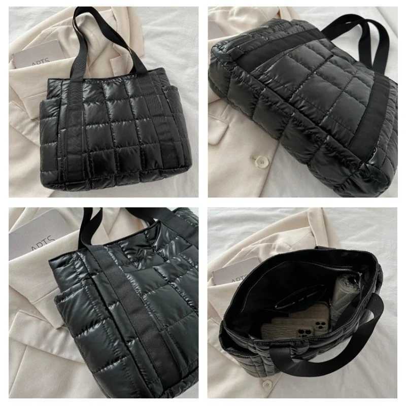 Space Pad Womens Shoulder Bag 2024 Winter Large Capacity Black Handbag Designer Nylon Cotton Warm Handbag Solid Y241011